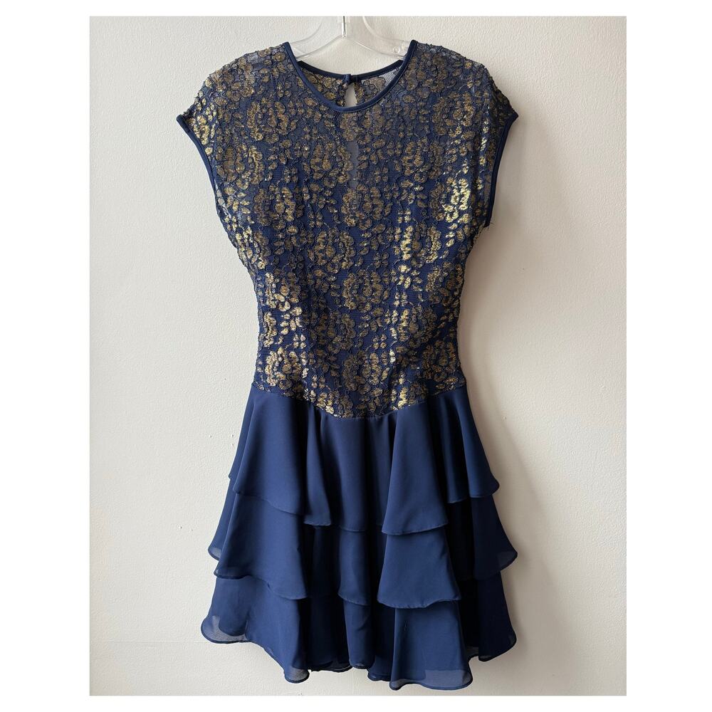 Vintage 80s Party Dress Blue & Gold Lace Floral Brocade Ruffles Retro Prom Sz 12